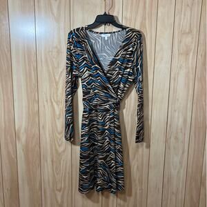 Allison Brittney Zebra Print V-Neck Lined Faux Wrap Long Sleeve A-Line Dress L